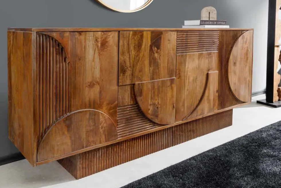 Massives Sideboard ART DECO 170cm braun smoke Mangoholz 3D-Front