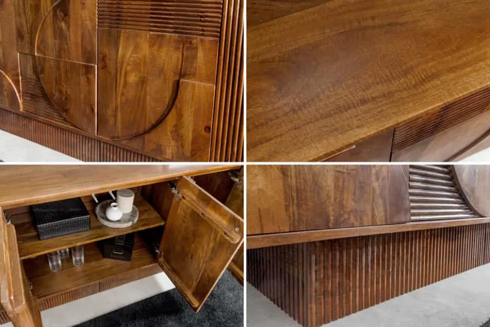 Massives Sideboard ART DECO 170cm braun smoke Mangoholz 3D-Front