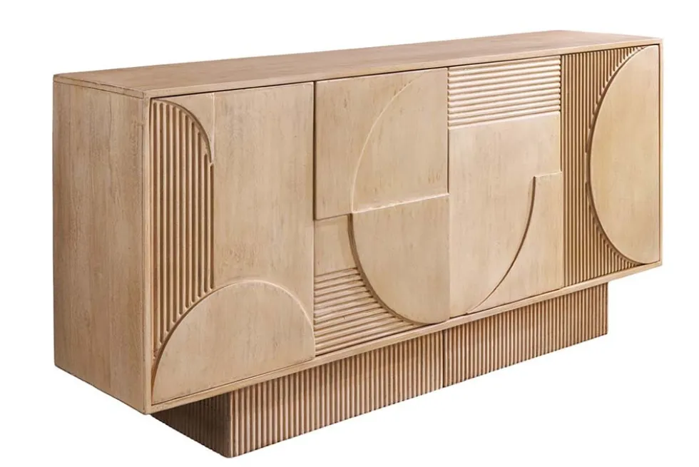 Massives Sideboard ART DECO 170cm weiß gekälkt Mangoholz 3D-Front handmade