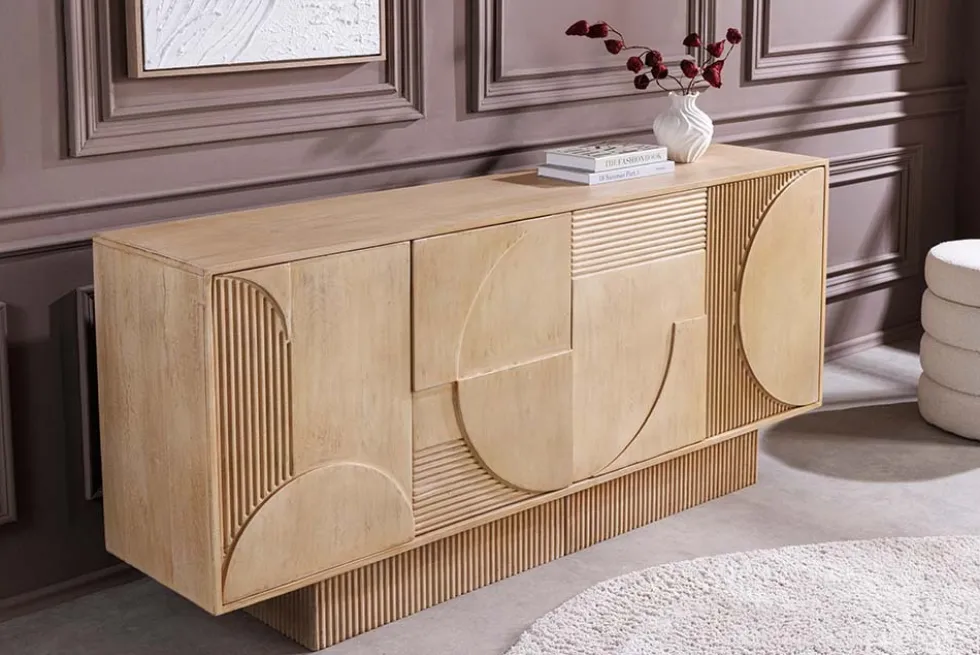 Massives Sideboard ART DECO 170cm weiß gekälkt Mangoholz 3D-Front handmade