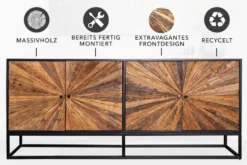 Massives Sideboard BARRACUDA 180cm braun Mangoholz mit Teakholz-Front schwarz Metall