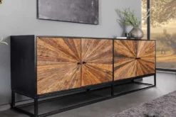 Massives Sideboard BARRACUDA 180cm braun Mangoholz mit Teakholz-Front schwarz Metall