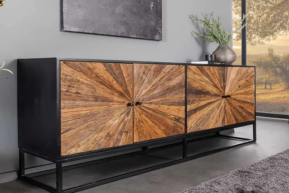 Massives Sideboard BARRACUDA 180cm braun Mangoholz mit Teakholz-Front schwarz Metall