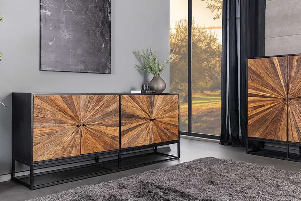 Massives Sideboard BARRACUDA 180cm braun Mangoholz mit Teakholz-Front schwarz Metall