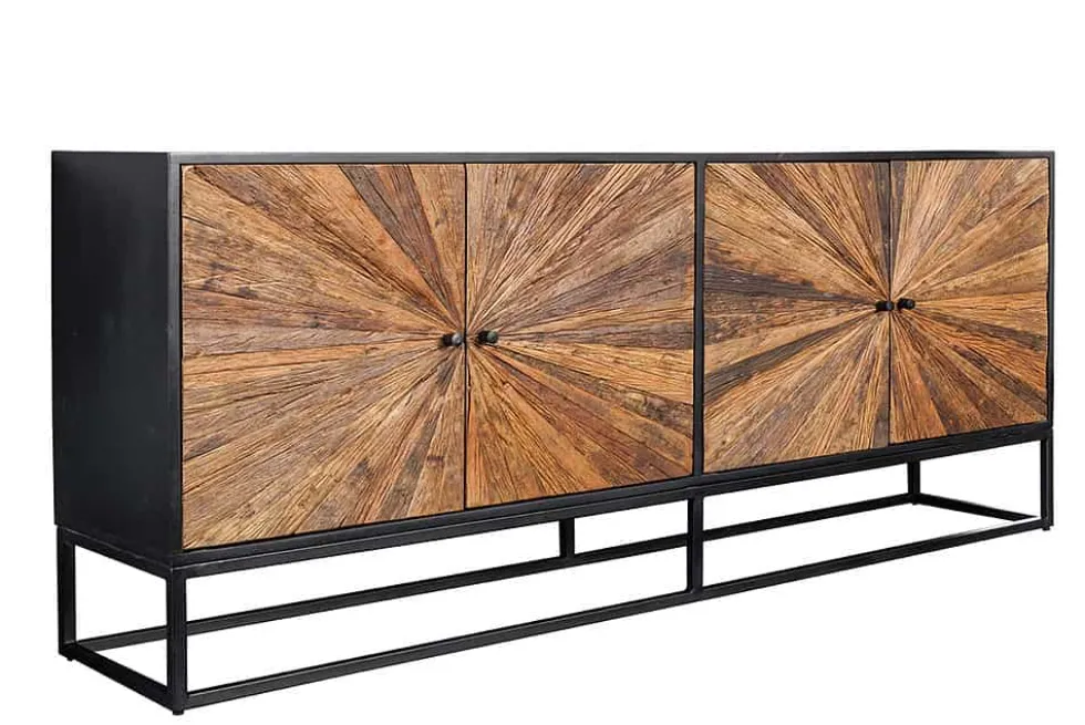 Massives Sideboard BARRACUDA 180cm braun Mangoholz mit Teakholz-Front schwarz Metall