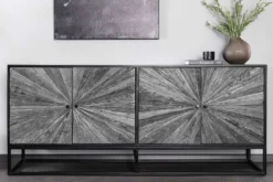 Massives Sideboard BARRACUDA 180cm grau Mangoholz mit Teakholz-Front schwarz Metall