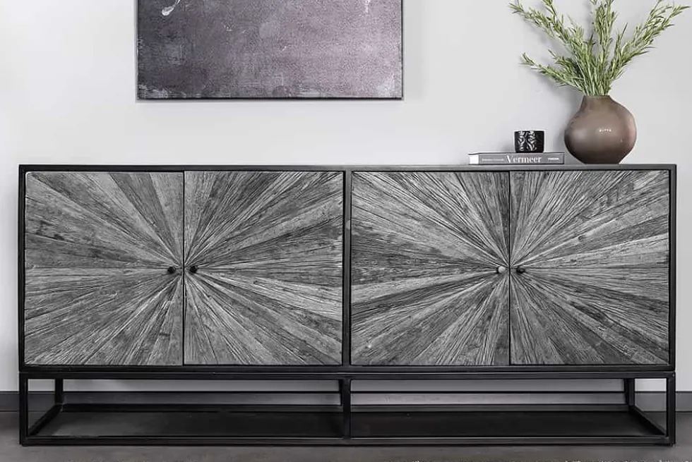 Massives Sideboard BARRACUDA 180cm grau Mangoholz mit Teakholz-Front schwarz Metall