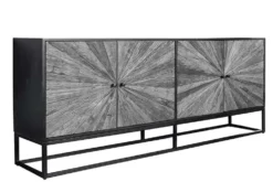 Massives Sideboard BARRACUDA 180cm grau Mangoholz mit Teakholz-Front schwarz Metall