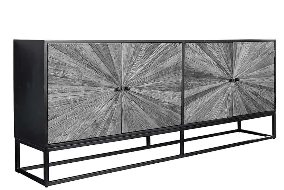 Massives Sideboard BARRACUDA 180cm grau Mangoholz mit Teakholz-Front schwarz Metall