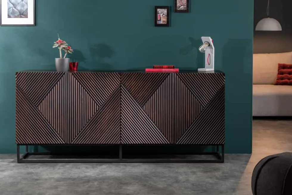 Massives Sideboard CREATIVO 180cm Mangoholz aufwändige 3D Front Retro Design