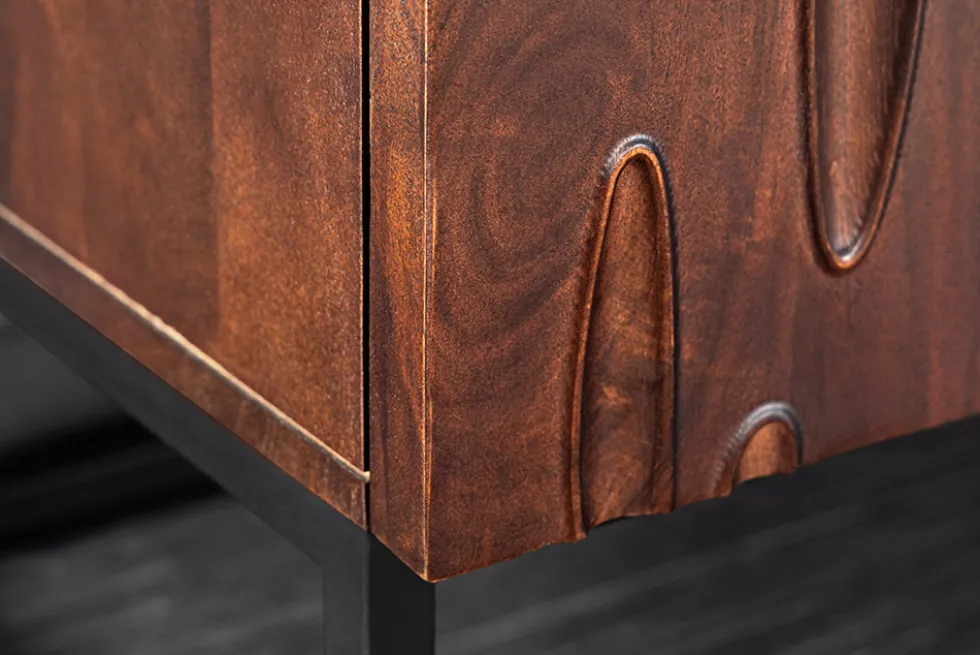 Massives Sideboard DUNE 175cm walnuss-braun Akazienholz 3D-Design schwarz Metall