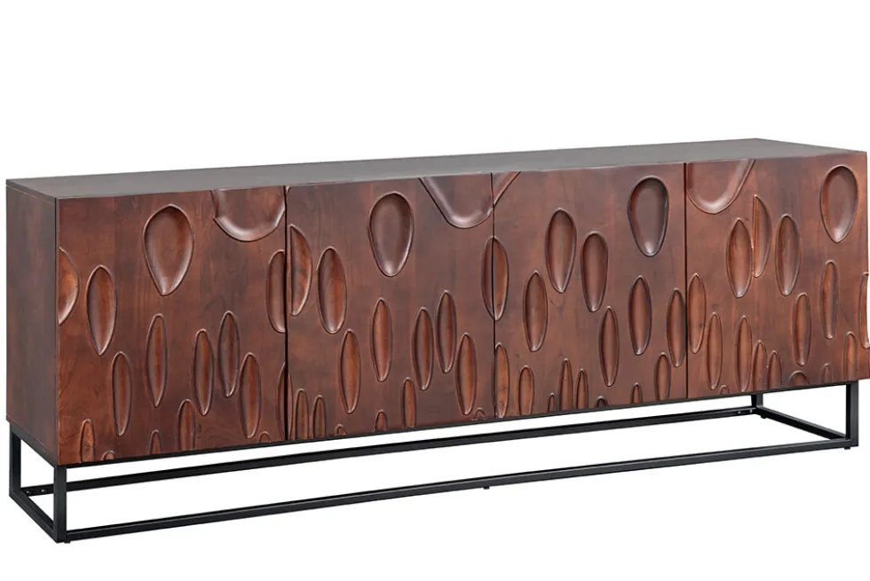 Massives Sideboard DUNE 175cm walnuss-braun Akazienholz 3D-Design schwarz Metall