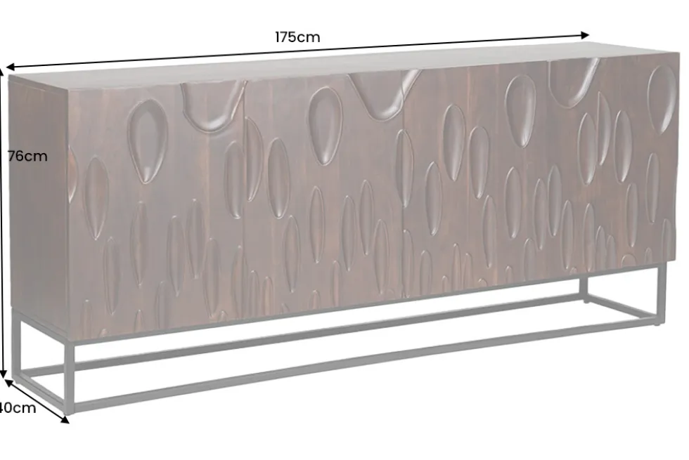 Massives Sideboard DUNE 175cm walnuss-braun Akazienholz 3D-Design schwarz Metall