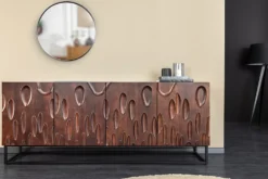 Massives Sideboard DUNE 175cm walnuss-braun Akazienholz 3D-Design schwarz Metall