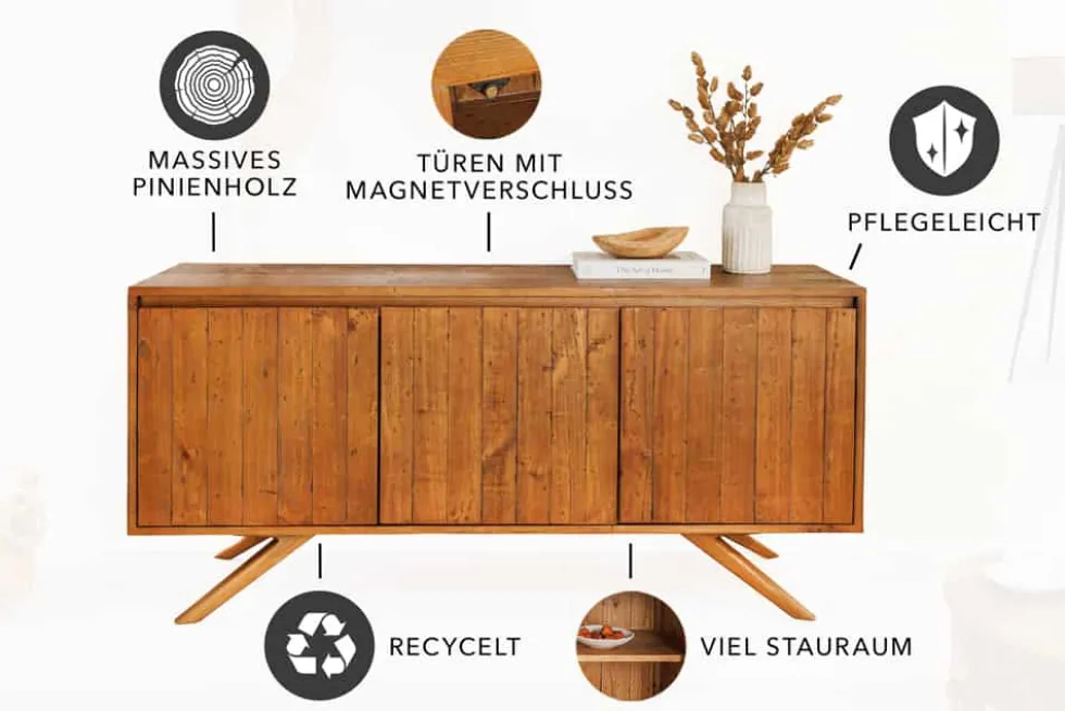 Massives Sideboard FINCA 150cm vintage braun recyceltes Pinienholz