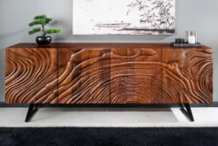Massives Sideboard FLUID 175cm braun Mangoholz 3D-Design Kufengestell