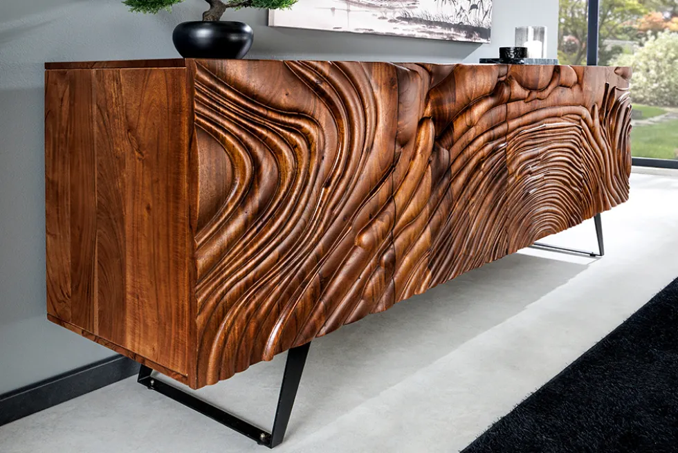 Massives Sideboard FLUID 175cm braun Mangoholz 3D-Design Kufengestell