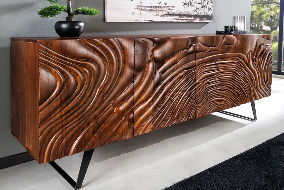 Massives Sideboard FLUID 175cm braun Mangoholz 3D-Design Kufengestell