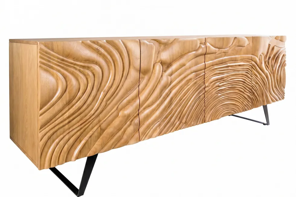 Massives Sideboard FLUID 175cm creme Mangoholz 3D-Design Kufengestell