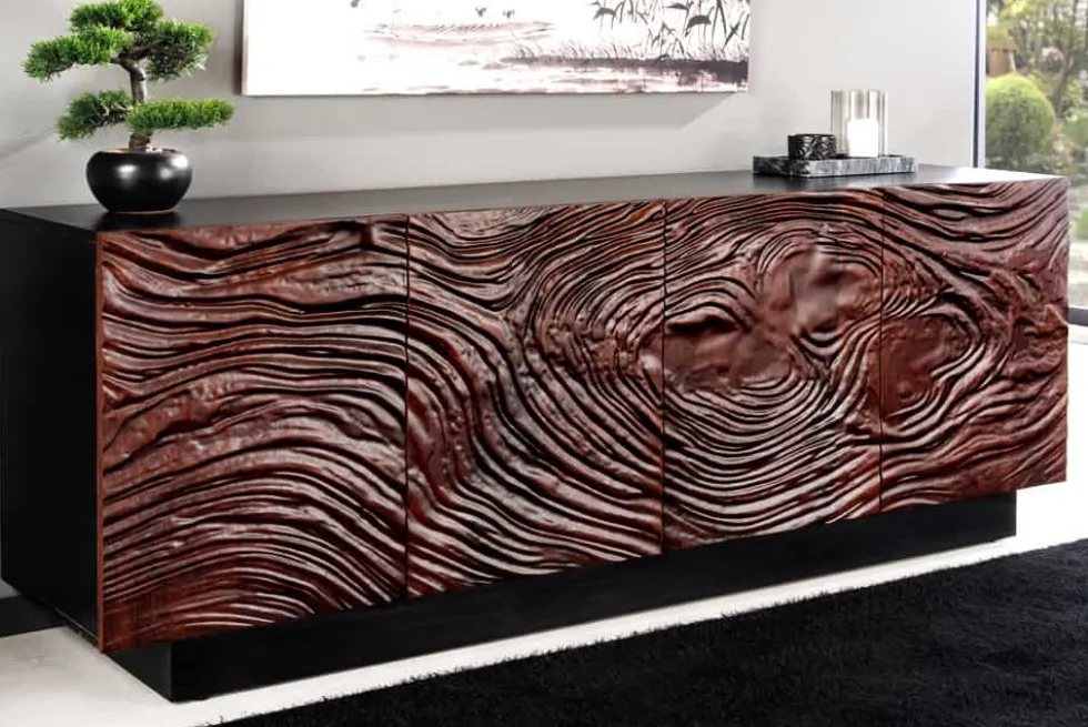 Massives Sideboard FLUID 175cm walnuss-braun Akazienholz 3D-Design schwarzer Sockelfuß