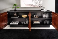 Massives Sideboard FLUID 175cm walnuss-braun Akazienholz 3D-Design schwarzer Sockelfuß