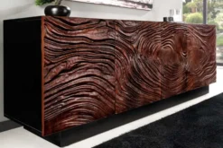 Massives Sideboard FLUID 175cm walnuss-braun Akazienholz 3D-Design schwarzer Sockelfuß