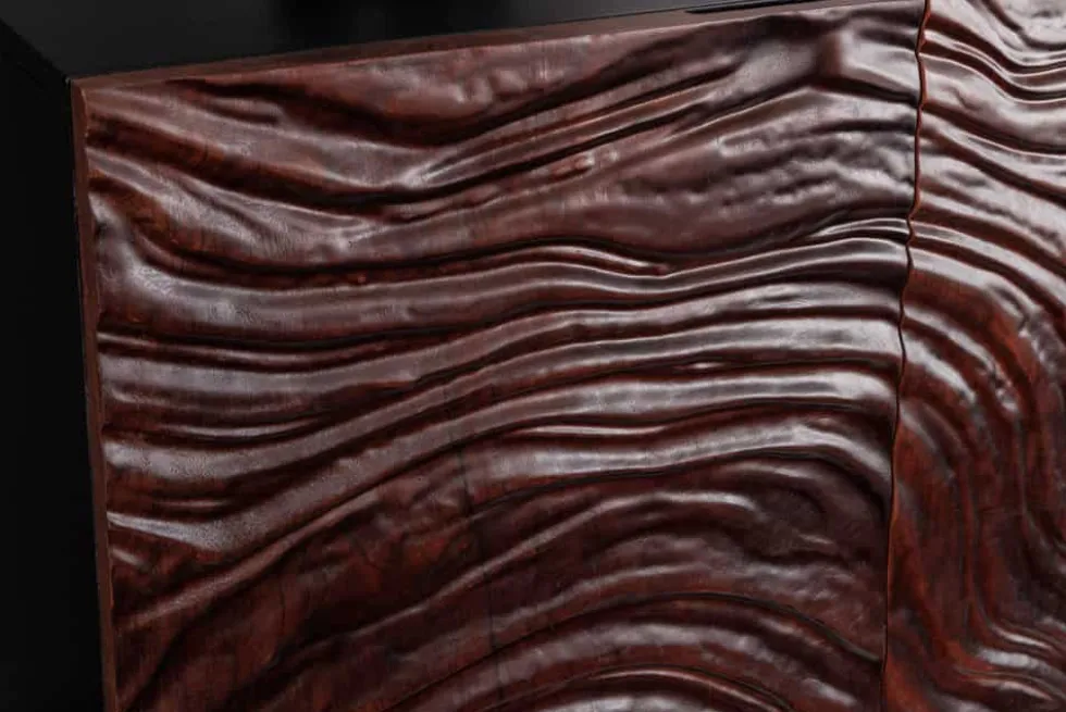 Massives Sideboard FLUID 175cm walnuss-braun Akazienholz 3D-Design schwarzer Sockelfuß