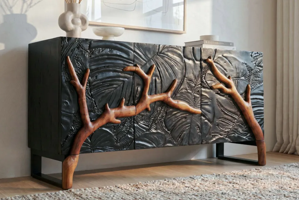 Massives Sideboard FOREST 160cm schwarz braun Mangoholz sechs Fächer 3D-Front