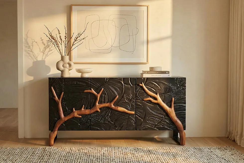 Massives Sideboard FOREST 160cm schwarz braun Mangoholz sechs Fächer 3D-Front