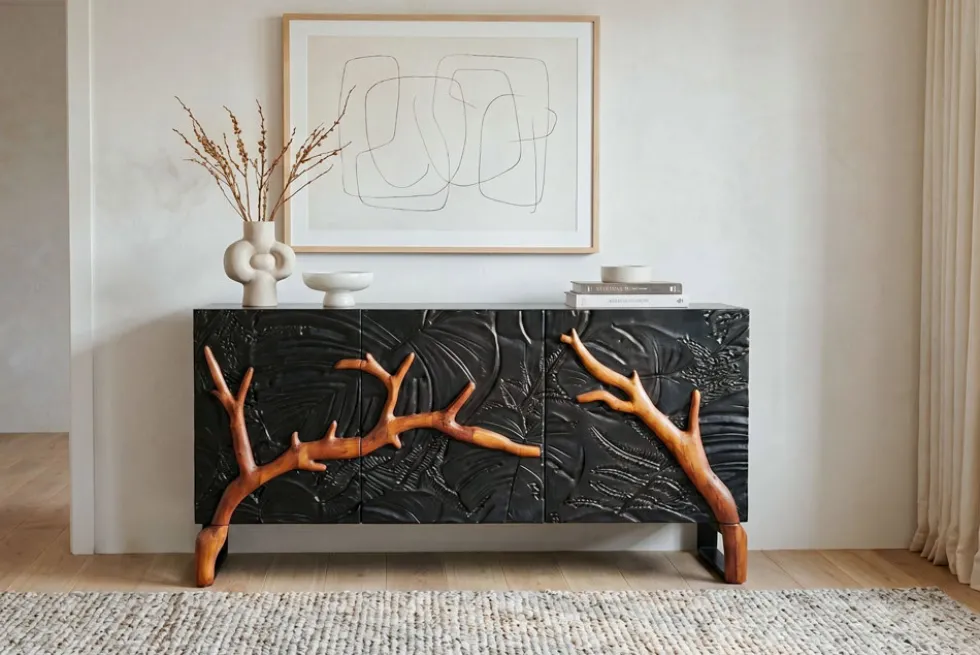 Massives Sideboard FOREST 160cm schwarz braun Mangoholz sechs Fächer 3D-Front