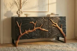 Massives Sideboard FOREST 160cm schwarz braun Mangoholz sechs Fächer 3D-Front