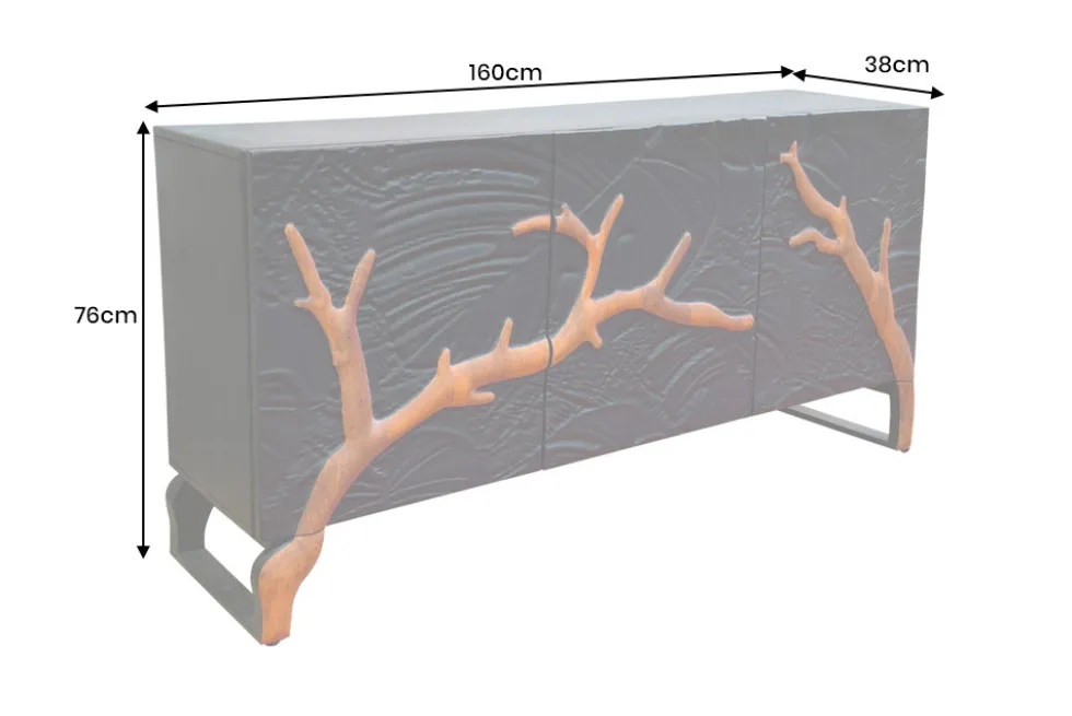 Massives Sideboard FOREST 160cm schwarz braun Mangoholz sechs Fächer 3D-Front