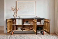 Massives Sideboard FOREST 160cm schwarz braun Mangoholz sechs Fächer 3D-Front