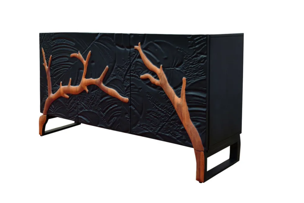Massives Sideboard FOREST 160cm schwarz braun Mangoholz sechs Fächer 3D-Front