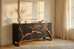 Massives Sideboard FOREST 160cm schwarz braun Mangoholz sechs Fächer 3D-Front