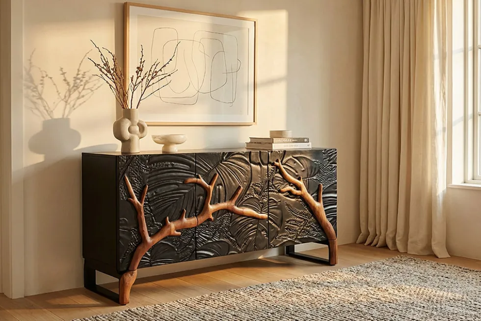 Massives Sideboard FOREST 160cm schwarz braun Mangoholz sechs Fächer 3D-Front
