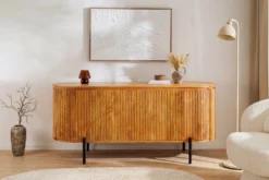 Massives Sideboard GATSBY 160cm natur Mangoholz schwarz Metall mit Lamellenfront