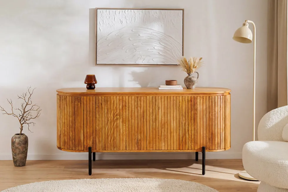 Massives Sideboard GATSBY 160cm natur Mangoholz schwarz Metall mit Lamellenfront