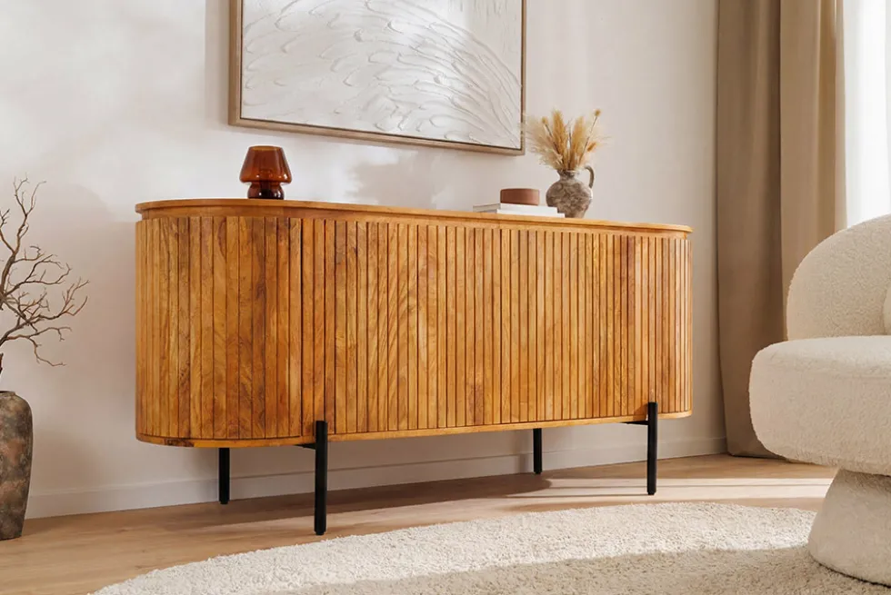 Massives Sideboard GATSBY 160cm natur Mangoholz schwarz Metall mit Lamellenfront
