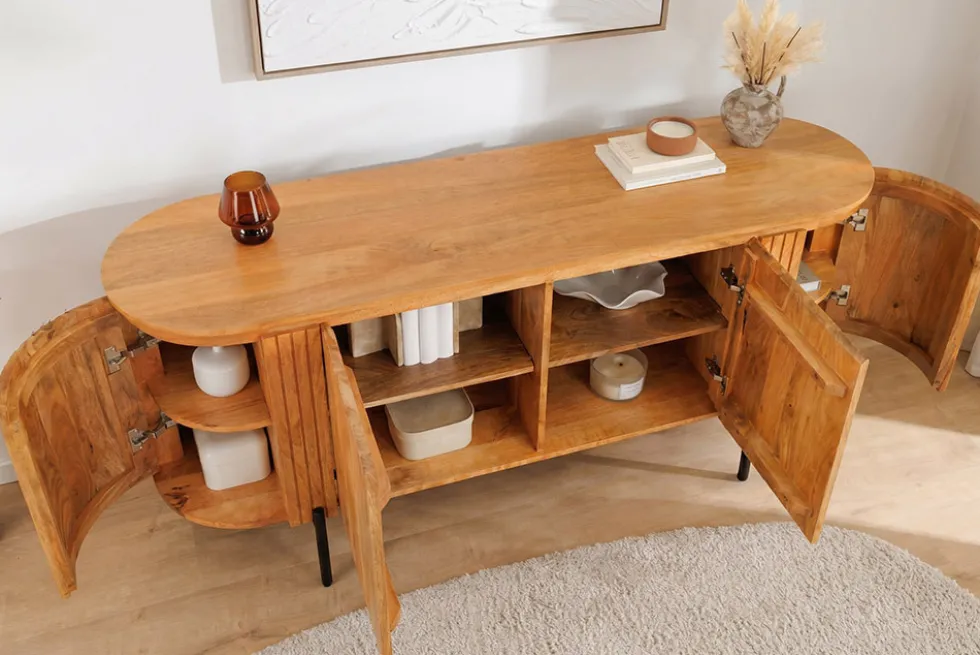 Massives Sideboard GATSBY 160cm natur Mangoholz schwarz Metall mit Lamellenfront