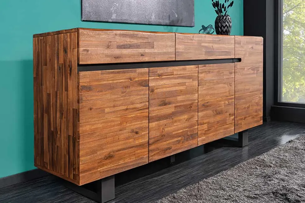 Massives Sideboard GENESIS 170cm braun geflammt Akazienholz Metall Industrial Design