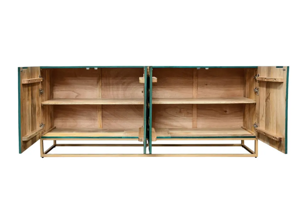 Massives Sideboard GOLDEN LAGOON 180cm türkis gold Mangoholz Metall 3D-Front