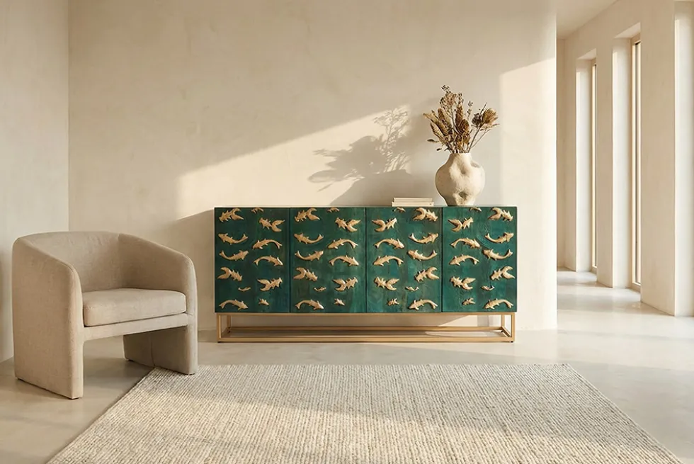 Massives Sideboard GOLDEN LAGOON 180cm türkis gold Mangoholz Metall 3D-Front