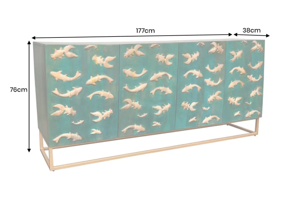 Massives Sideboard GOLDEN LAGOON 180cm türkis gold Mangoholz Metall 3D-Front