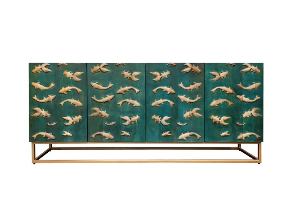 Massives Sideboard GOLDEN LAGOON 180cm türkis gold Mangoholz Metall 3D-Front