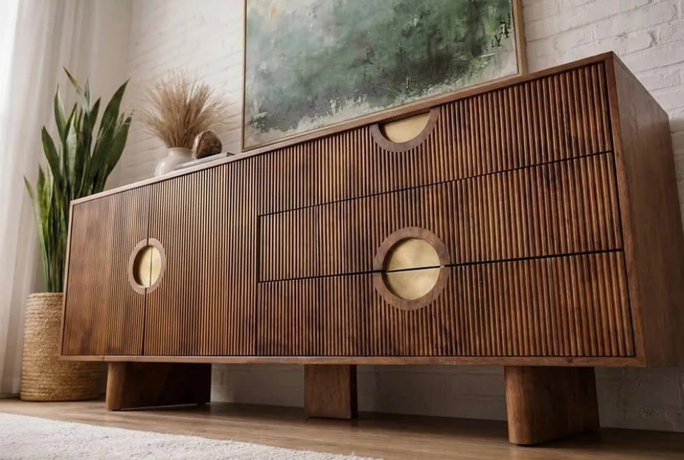 Massives Sideboard MADISON 180cm braun Mangoholz mit Schubladen und strukturierter Front
