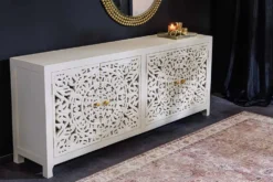 Massives Sideboard MARRAKESCH 170cm weiß Mangoholz mit Verzierung handmade