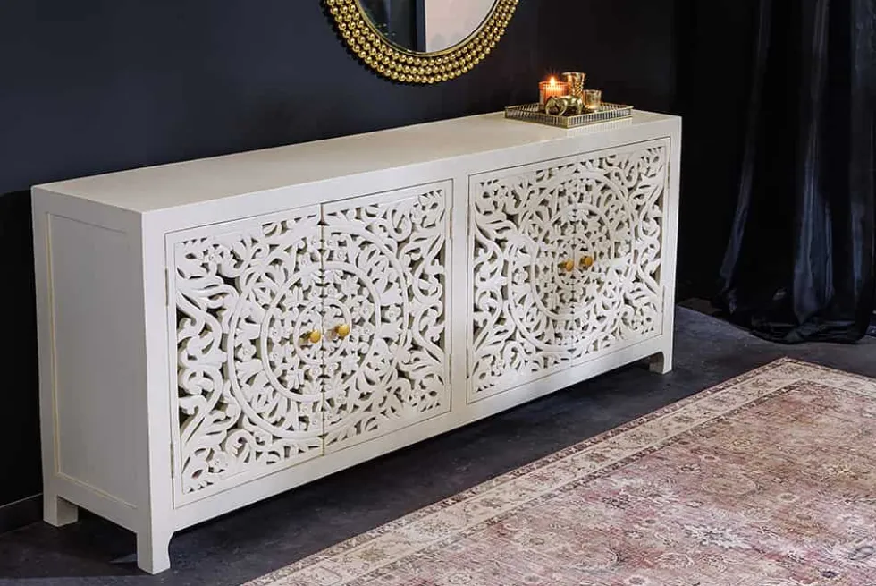 Massives Sideboard MARRAKESCH 170cm weiß Mangoholz mit Verzierung handmade