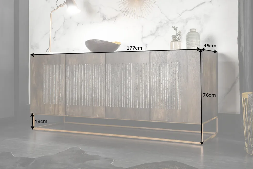 Massives Sideboard ONYX 180cm dunkelbraun Mangoholz Edelstein Achat gold Metallgestell