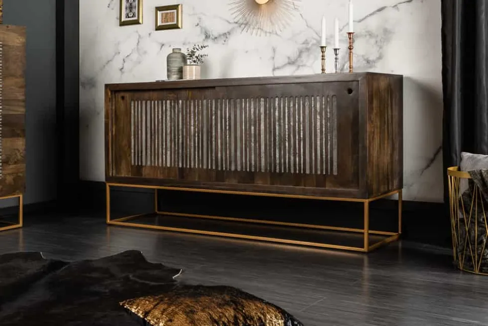 Massives Sideboard ONYX 160cm dunkelbraun gold Mangoholz Edelstein Achat Schiebetüren